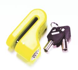 Bright yellow disk-brake motorcycle lock
